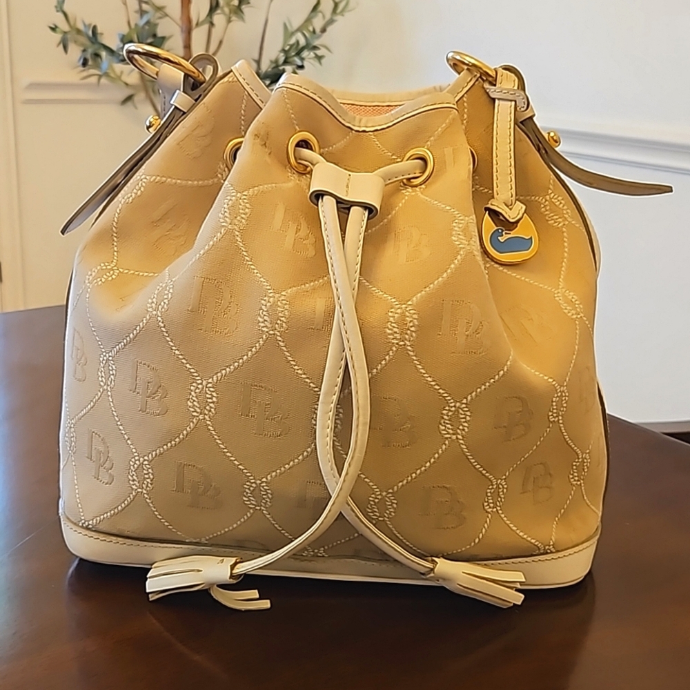 Dooney & Bourke Monogram Signature Drawstring Bucket Shoulder Bag White Leather